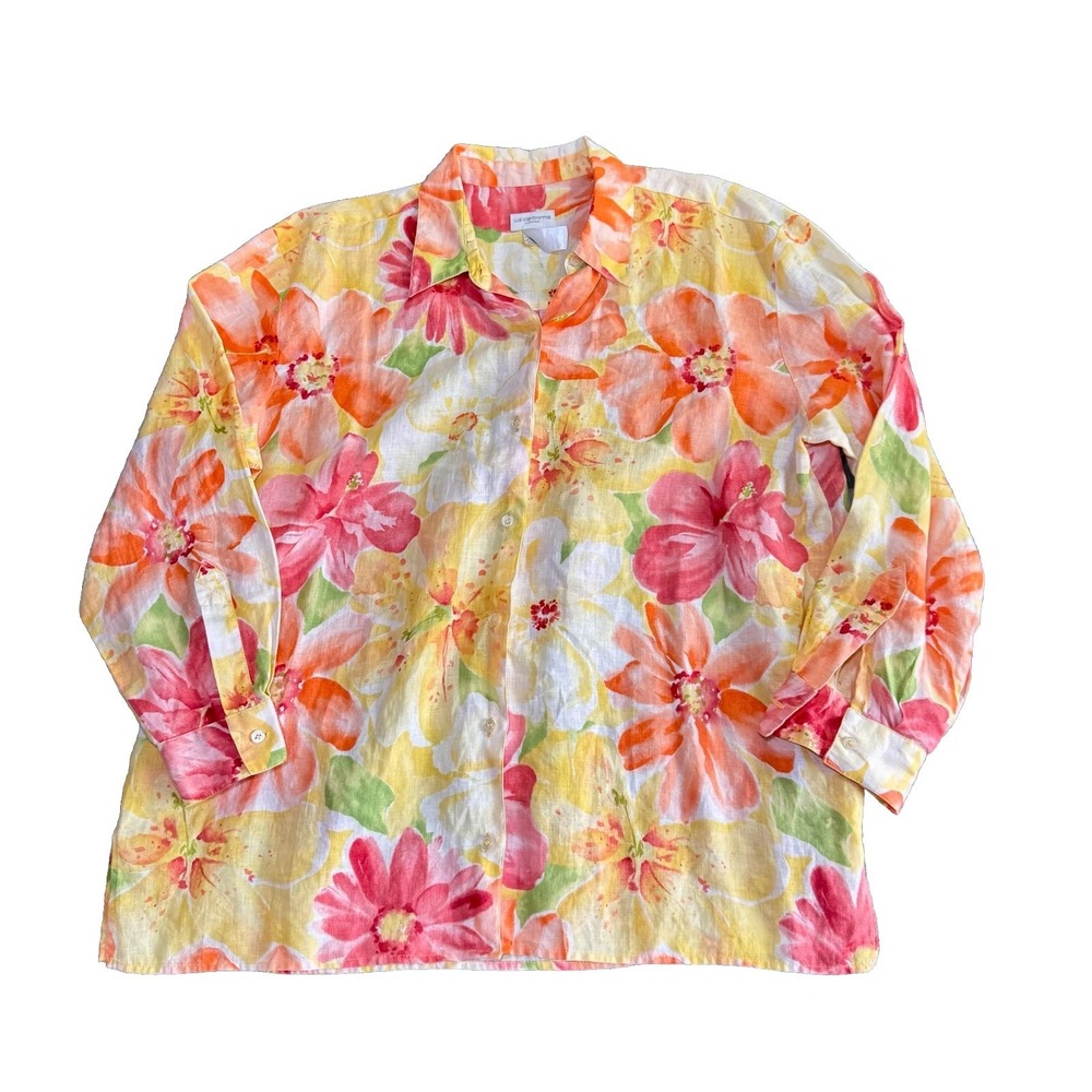 Liz Claiborne Sport Women's XL  109% Linen  Floral 3/4 Sleeve Button Down‎ Shirt